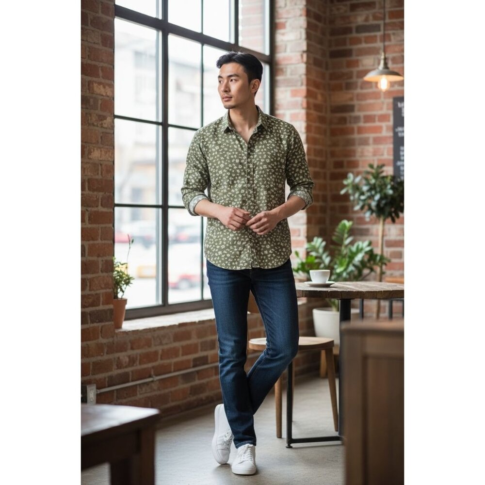 Good Man Brand Button Up Shirt Mems Large Green Floral Print Standard Fit